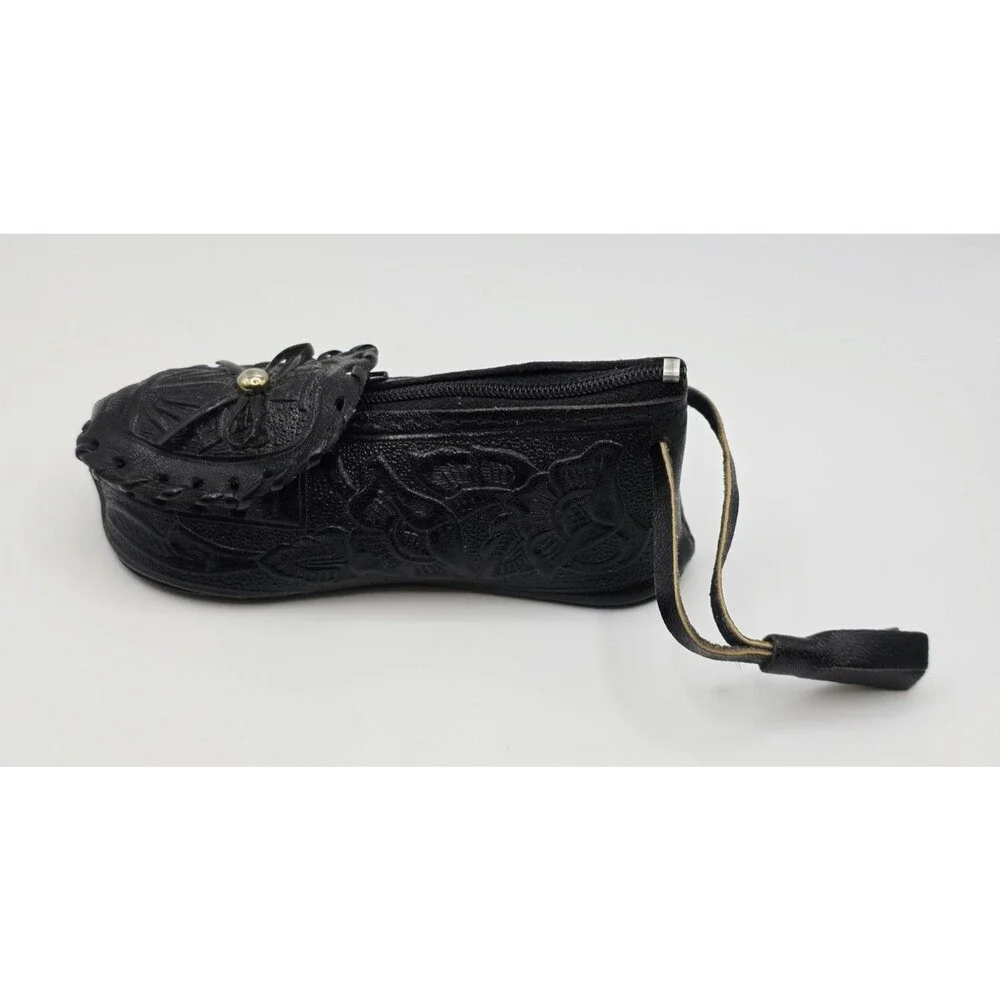 Vintage black leather shoe coin purse with zipper Horses Mexico